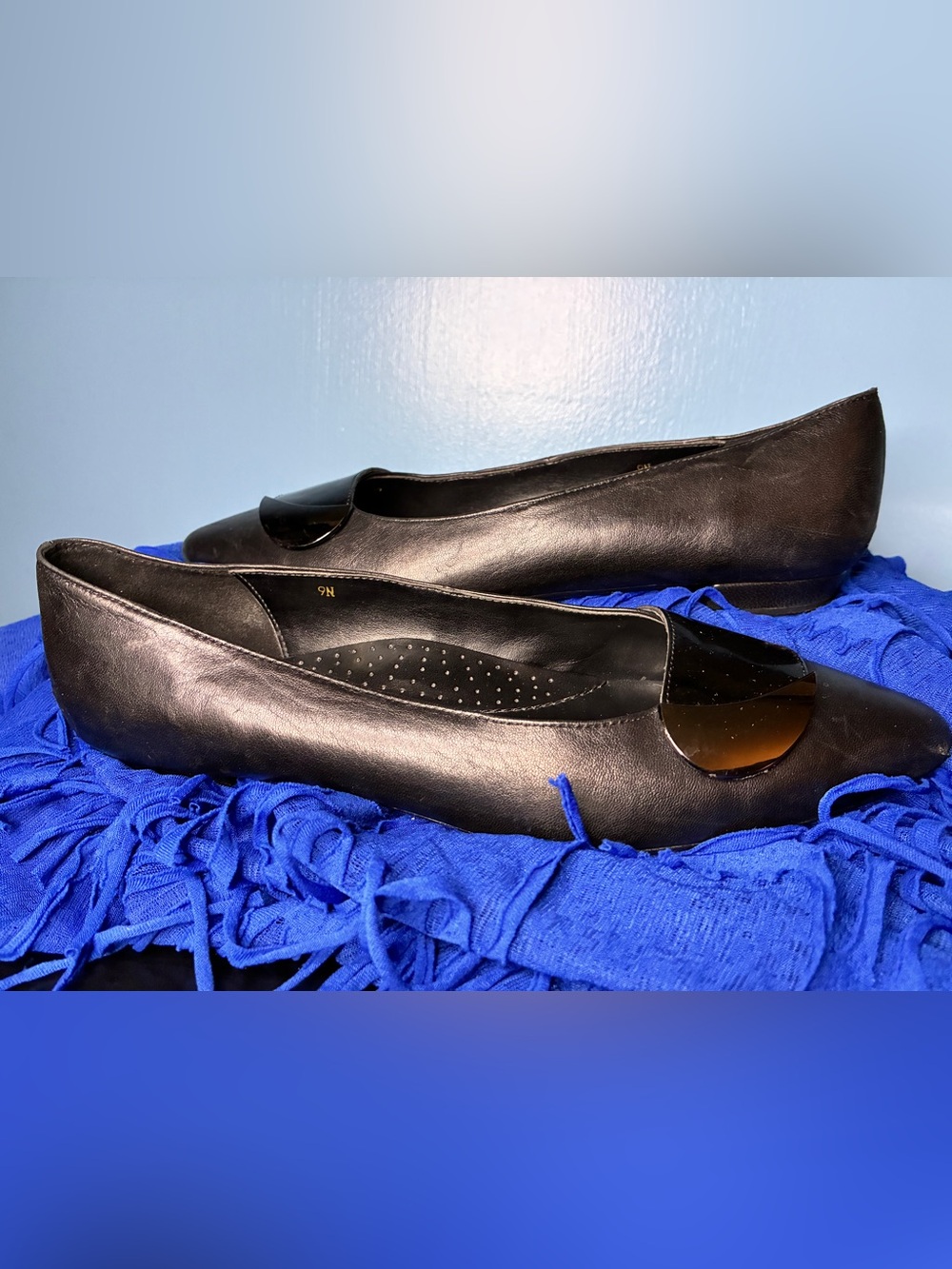 Vaneli Black Pointed-Toe Leather Flats with Gloss Accent